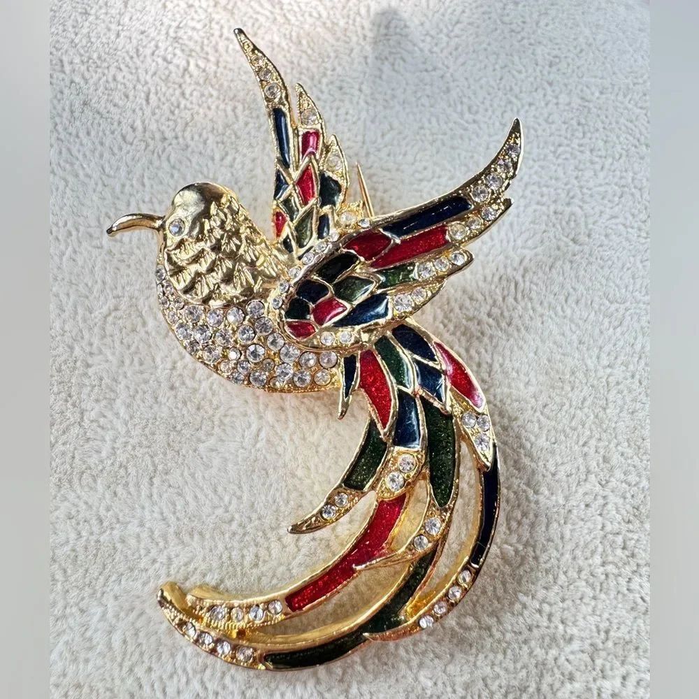 Gold Tone Crystal Bird Brooch with Red, Green & Blue Enamel